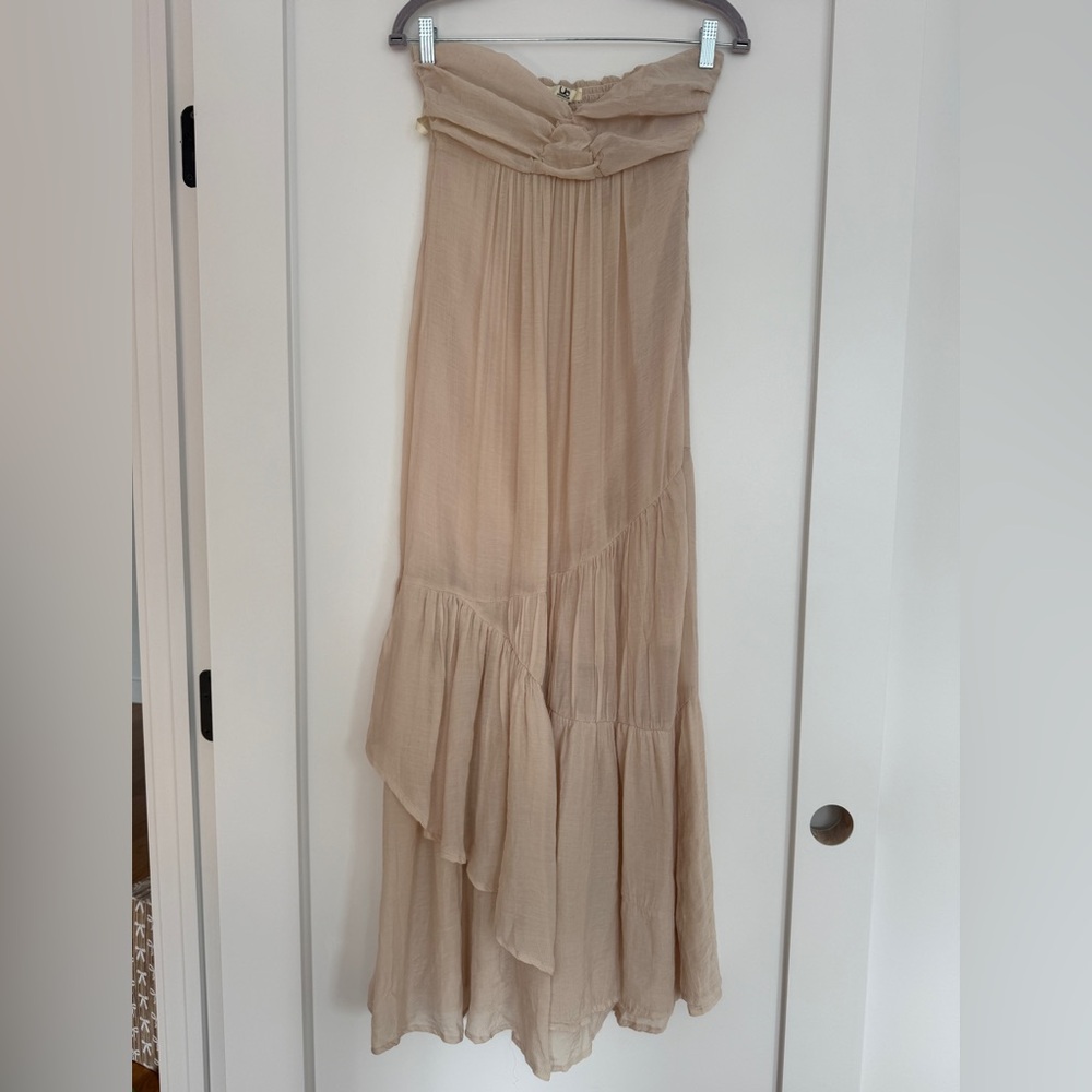 YA Los Angeles Beige strapless ruffle maxi dress